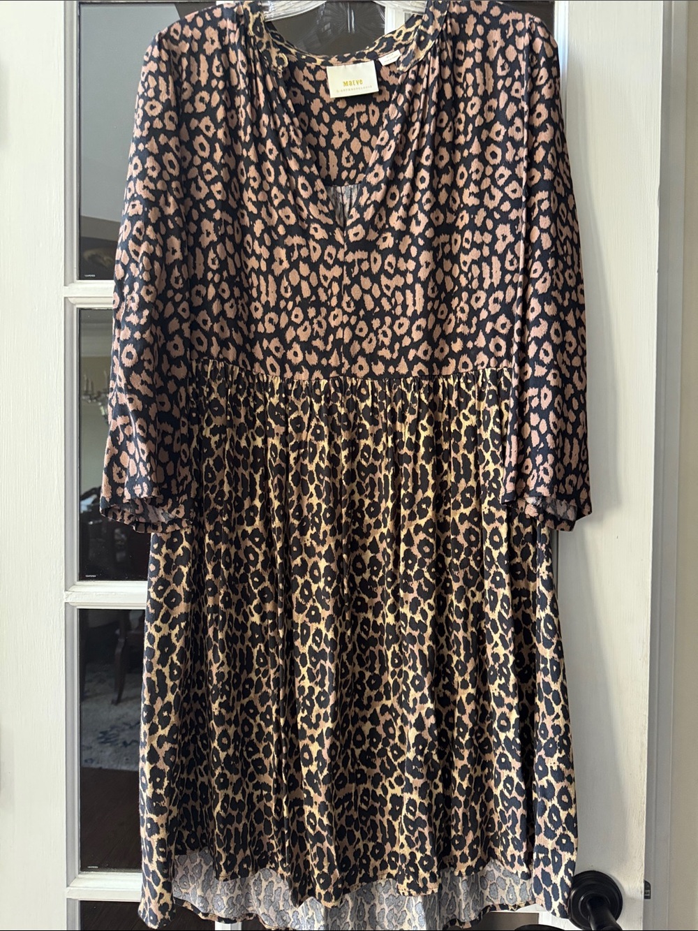 Maeve Black and Tan Leopard Print Tiered Dress